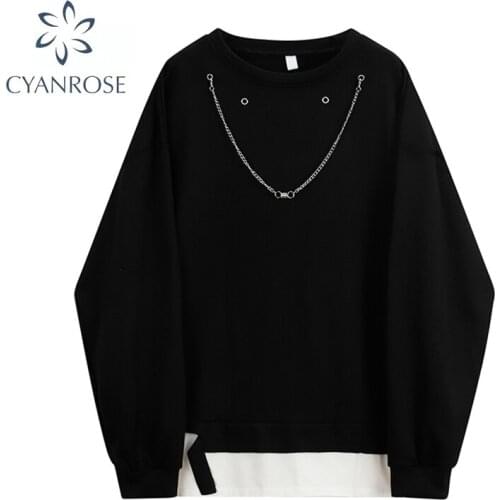 Gothic BlousePullover Women Fake Two Pieces Long Sleeved 2021 New Autumn Chain Decoration Korean Casual Female Black Top Tide