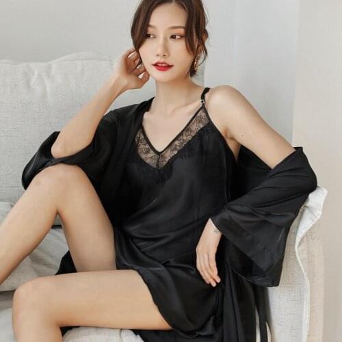 Night dress set women spring and summer two-piece sexy robe suspenders rayon home service robe set thin skirt lounge set women