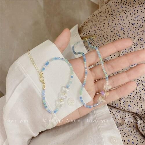 AOMU Spring Korea Retro Blue Transparent Resin Beaded Elastic Bracelet Irregular Geometric Love Lock Bracelet for Women Jewelry