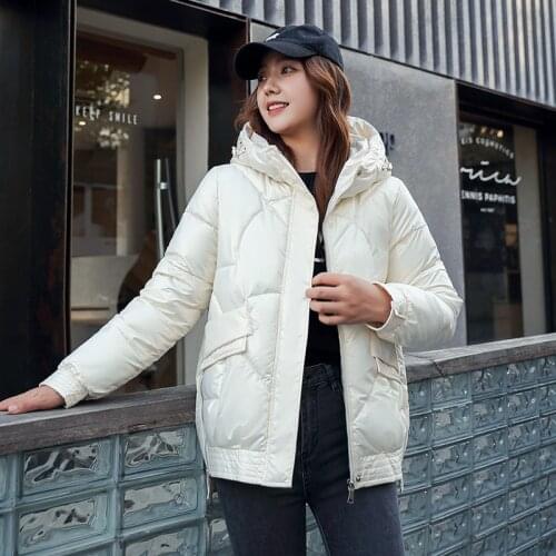 ISENMAL Winter Jacket Shiny Hooded Long Sleeve Zipper Pockets Ladies Puff Coat Thick Solid Loose Casual Parka Female