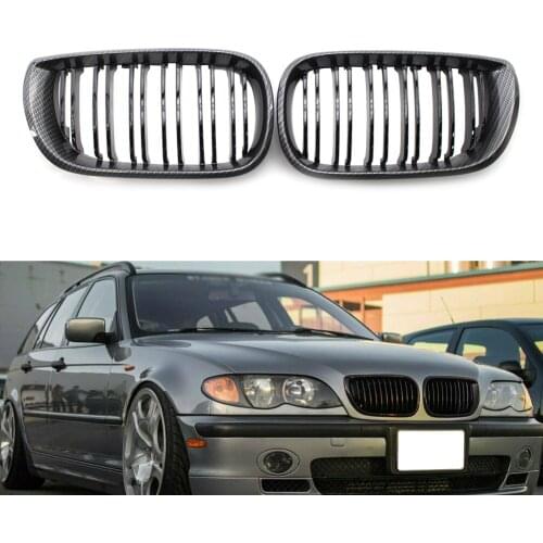 2x Carbon Fiber Black ABS Plastic Grill Double Slat Front Kidney Grille For BMW E46 Sedan 2002 2003 2004 2005