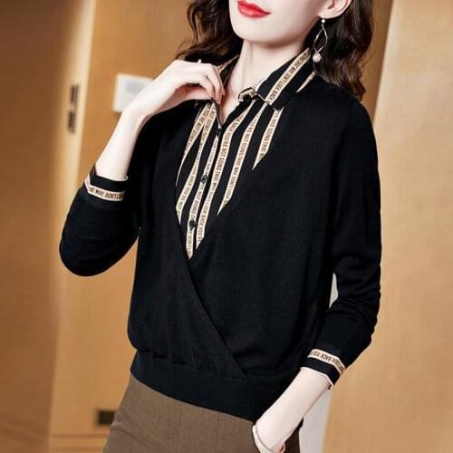 Womens Spring Autumn Style Blouse Shirt Womens Turn-Down Collar Button Fake Two Piece Long Sleeve Elegant Loose Tops SP1037