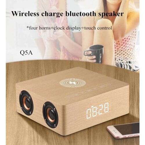 Wooden Alarm Clock Bluetooth Speaker Retro Column Multi-Function Touch button Qi Wireless Charger Subwoofer Music Center