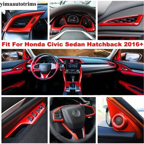 Car Interior Steering Wheel Dashboard AC Air Window Lift Gear Shift Cover Trim ABS Red Accessories For Honda Civic 2016 - 2020