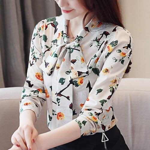 Fashion Print Chiffon Blouse Shirt Bow V Collar Office Blouse Tops Womens Tops And Blouses Long Sleeve Women Shirts Blusas A881