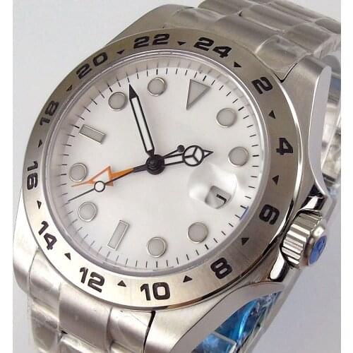 White GMT New Arrival Automatic Men Watch Black Hand Brushed Oyster Bracelet Spaphire Glass Steel Metal Bezel