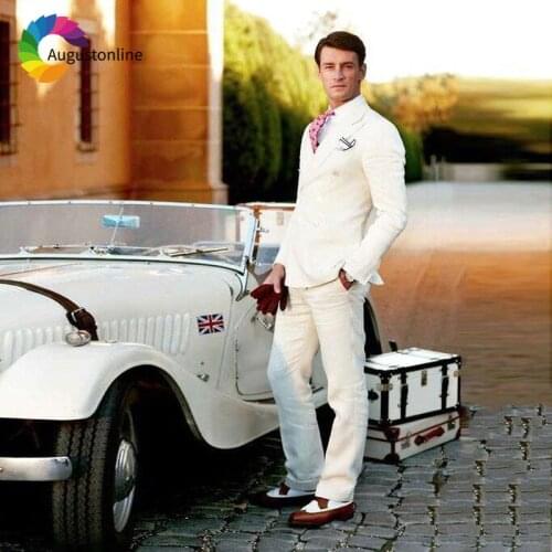 Custom Made Ivory Linen Men Suits Wedding Groom Tuxedo 2 Piece Jacket Pants Groomsmen Best Men Blazers Peaked Lapel