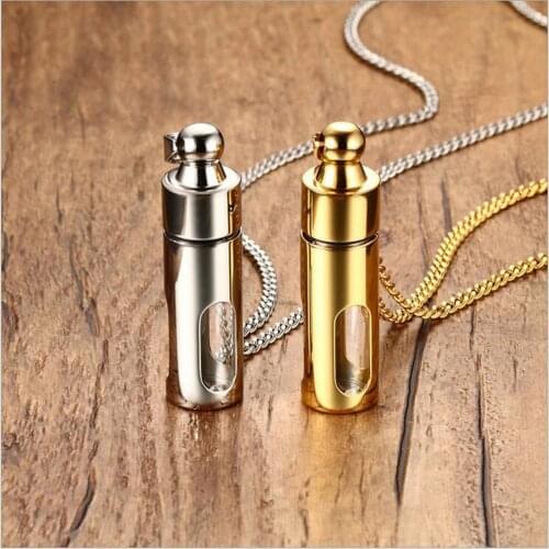 Stainless Steel Gold Tube Perfume Bottle Urn Pendant Necklace Glass Storage Bottles Necklace Sealing Jewelry