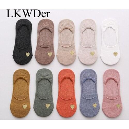 LKWDer 5 Pairs Womens Socks Cotton Embroidered Heart Invisible Socks Girls Summer Silicone Anti-skid Socks Cute Girls Calcetines