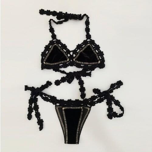 2021New Solid Black Color Womens Swimsuit High Quality Velvet Bikini Set Sexy Handmade Crochet Beach Wear