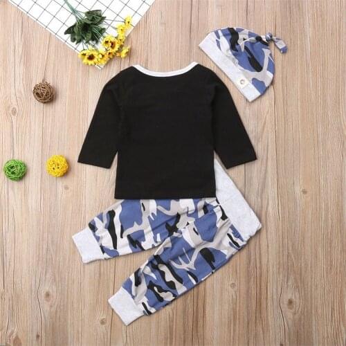 New Casual Boy Clothes Carters Newborn Infant Baby Boy 3pcs Clothes Top Long Pants Hat Outfits Set