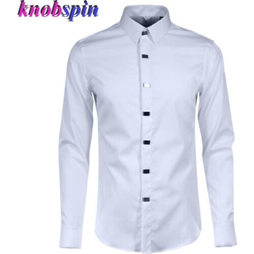 Solid color Business Male Dress shirt pure Cotton Camisas long sleeve Slim Casual men shirts Alloy Square Button Decoration 2019