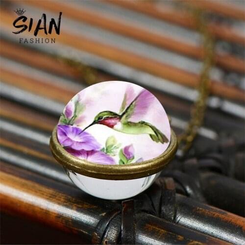 SIAN Mini Hummingbird Pattern Necklace Double Sided Glass Art Photo Pendant Necklaces Gifts For Friends Who Like Small Animals