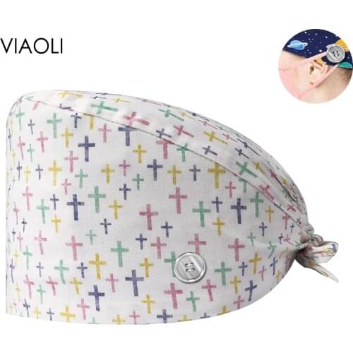 Unise 100% Cotton Candy Printing Scrub Caps Nurse Uniform Accessories Pet Shop Chef Lab Work Surgicals Hats Scrubs Cap Buttons