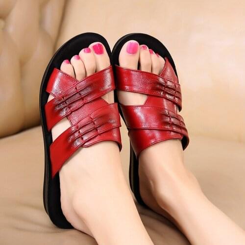 Tilocow Women Genuine Leather Slippers Ladies Retro Black Red Flat with Mothers' Shoes Woman Flip Flops Female Rome Footwear