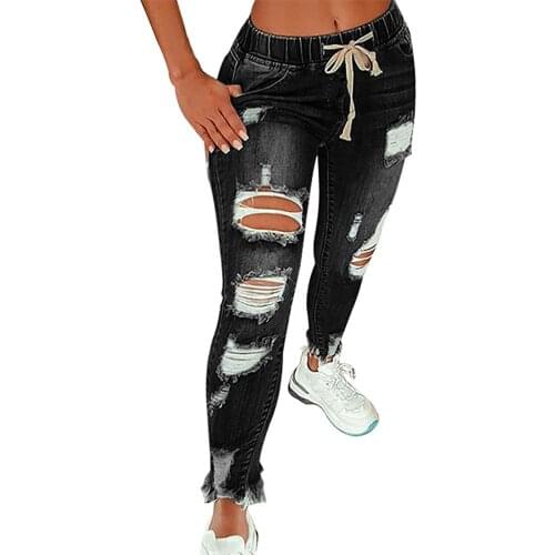 Drawstring Denim Jeans For Women Ripped Hole Stretch Jean Ladies Plus Size Full Length Pencil Pants Jeans For Women