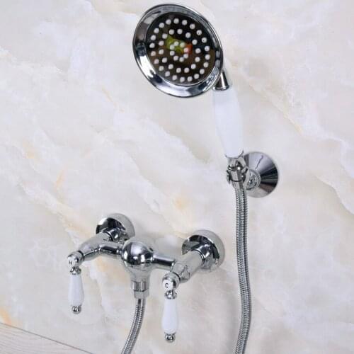 Modern Wall Mount Polished Chrome Brass Bathroom Hand Shower Faucet Mixer Tap Set Telephone Shape Hand Spray Shower Head ana281