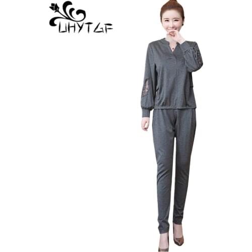 UHYTGF tracksuit for women fashion hollow spring autumn two piece set long-sleeved pullover top + pants set Female plus size 774