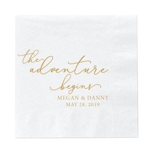 The Adventure Begins Wedding Napkins, Rehearsal Dinner, Engagement Party, Personalised Bar Napkins, Custom Wedding Napkins