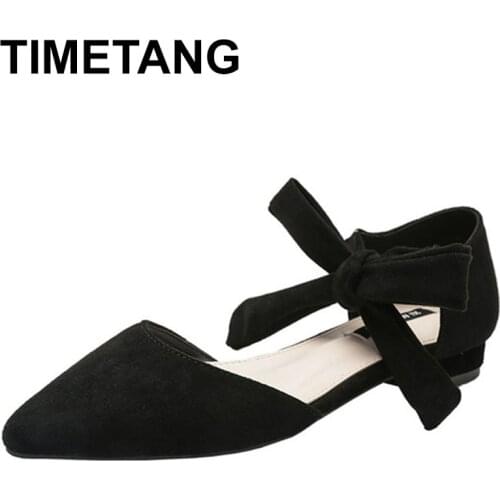 TIMETANGAnkle bow knot flat shoes woman new spring cutout pointy flats girls ballerina shoes sneakers women sweet wedding shoes