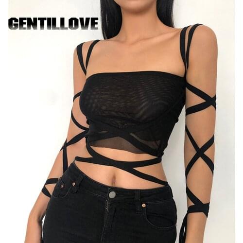 Fashion Gothic Women Black Mesh Lace Up Bandage Crop Top Y2K Sexy Clothing Fairy Grunge Aesthetic High Street Party Club Outwear