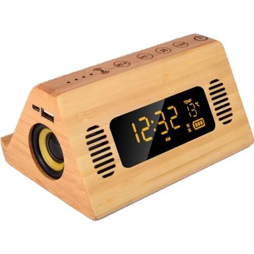 Solid Wood Bluetooth Speaker with Clock Alarm Clock Temperature Display Radio Wireless Charging Mobile Phone Holder