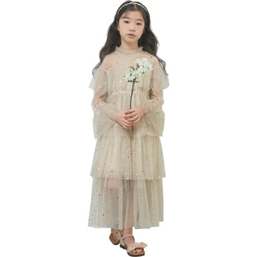 Spring Summer Girls Maxi Dress Star Mesh Ruffles Princess Party Kids Dresses for Girls Wedding Birthday Children Clothing 6-14Y