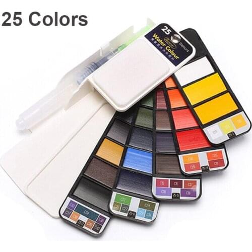 Superior 25colors Solid Watercolor Paints Pigment With Water Brush Gift Pen Pocket Travel Fan Shape Solid Watercolor Paint