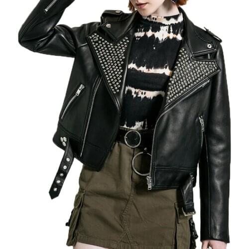 YOLOAgain High Quality Women Rivet Genuine Leather Biker Jacket Coat