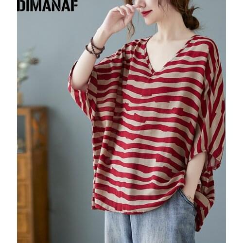 DIMANAF 2021 Summer Plus Size T-Shirt Women Clothing Oversize Vintage Striped Lady Tops Tunic tshirt Loose Casual Cotton Blouse