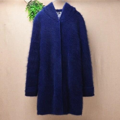 1.2KG female women winter thick warm hairy mink cashmere knit long sleeves hoodie slim cardigans angora fur jacket coat sweater