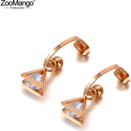 ZooMango Bohemia Hollow Geometric Triangle Stud Earrings Stainless Steel Trendy CZ Crystal Earrings Jewelry For Women ZE20128
