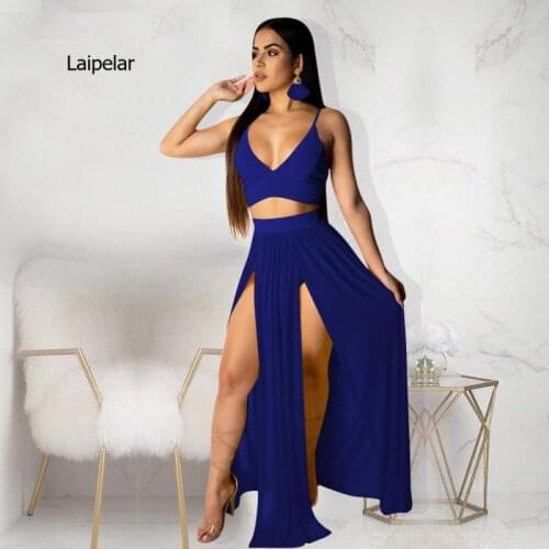 2021 New Arrival High Waisted Sexy Womens Double Slits Summer Solid Long Maxi Skirt and Top Set Valentines Day Gifts