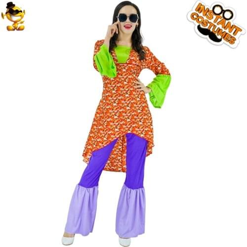 Carnival Party for Womens 60s 70s Flower Hippie Costume Halloween Role Play Retro Hippy Outfits for Adult Female