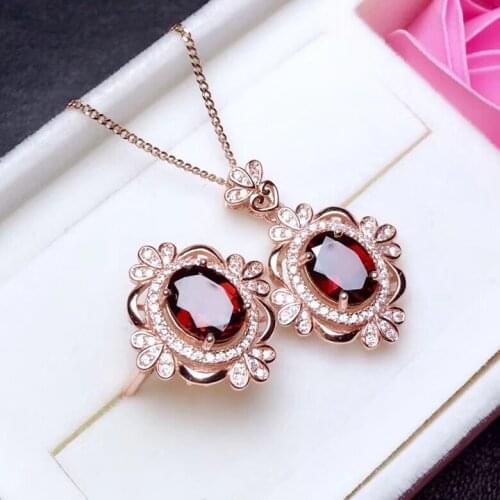 Personality Talonpaw Sun flower Natural red garnet Pendant ring Natural Gemstone Jewelry Set S925 Silver Women girl gift jewelry