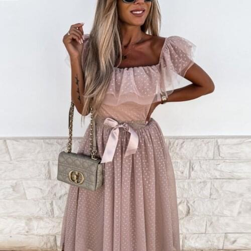 Women Sexy Strapless Halter See-Through Mesh Dress Elegant Off Shoulder Ruffle Lace Design Party Dress Lady Sweet Bow Dresses