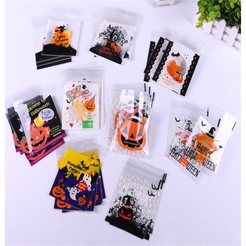 100pcs Happy Halloween Candy Bag Gift Cookie Bags Biscuits Snack Plastic Packaging Bags Halloween Party Decoration Supplies