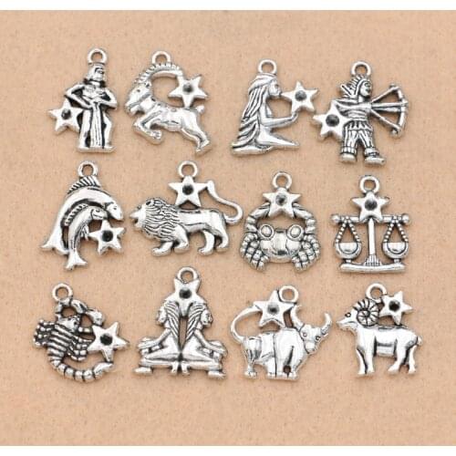 12pcs Antique Silver Plated Zodiac all Constellation Charm Zinc Alloy Pendant Jewelry DIY Making Accessories Handmade 20mm