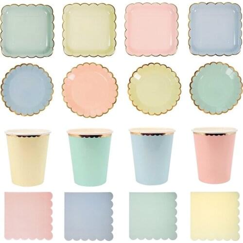 Candy Color Paper Plate Cup Napkin Birthday Party Gold Foil Disposable tableware Baby Shower Wedding Decoration balloon supplies