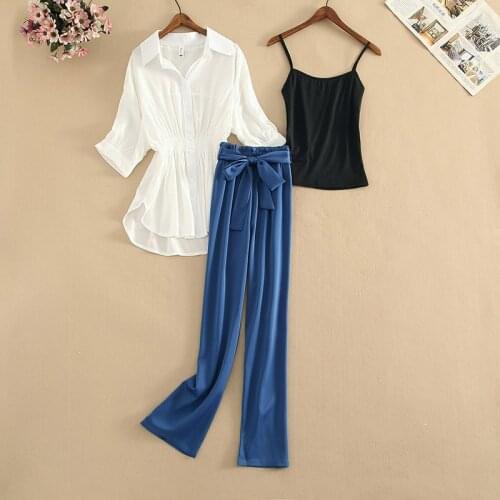 Women Summer Three Piece Set White Ruffle Chiffon Blouse Shirt Tops +String Vest +Wide Leg Long Pants Set OL 3 Pieces Set New