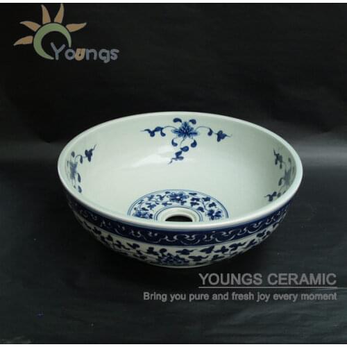 Jingdezhen hand painted porcelain blue and white basin sink in the bathroom