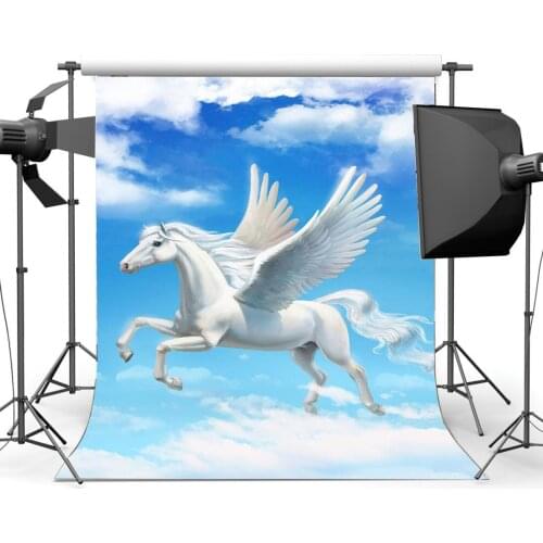 Photography Backdrop Dreamy World Fairy Tale Flying White Horse Blue Sky White Cloud Fantasy Landscape Backdrops