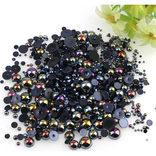 1000pcs Mixed Size Imitation Pearls Half Round Flatback Black/Purple/Green/White Beads Nail Art DIY Rhinestone Decoration