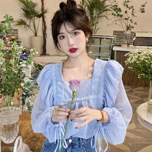 Japan Preppy Style Sweet Womens Tops Puff Sleeve Loose Blouse Summer Long Sleeve Sun Protection Chiffon Shirts Korean Female