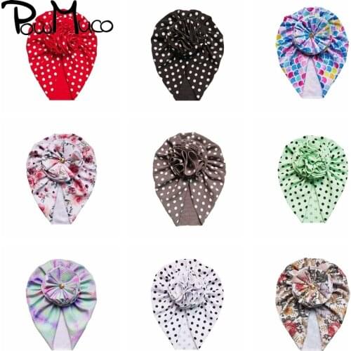 Powmuco Fashion Handmade Folded Flower Hat with Dots Cute Strawberries Pattern Baby Girls Caps Infant Printed Headwear 16 Colors