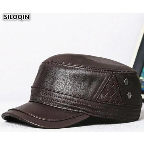 SILOQIN New Real Genuine Leather Hat Army Military Hats Mens Flat Cap Sheepskin Leather Cap Adjustable Size Male Bone Brand Cap