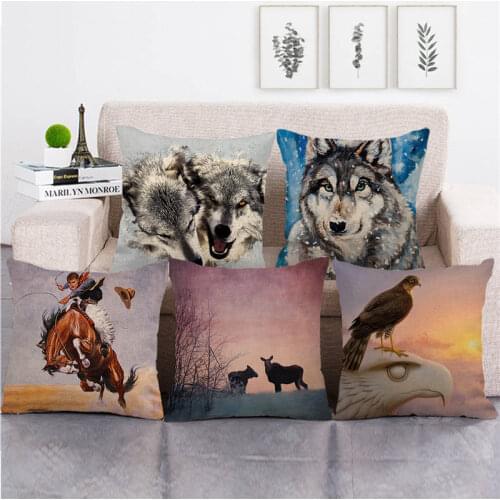 Wholesale pillowcase wolf and hunting horse pillow cover linen/cotton sofa cushion cover decorative pillows