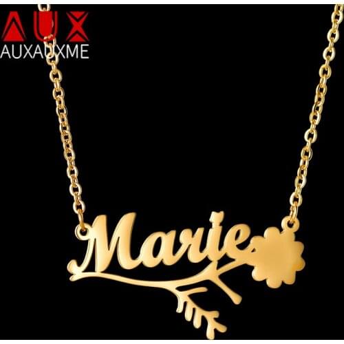 Auxauxme Custom Flower Name Necklace for Women Girl Stainless Steel Personalized Rose Pendant Choker Birthday Party Jewelry Gift