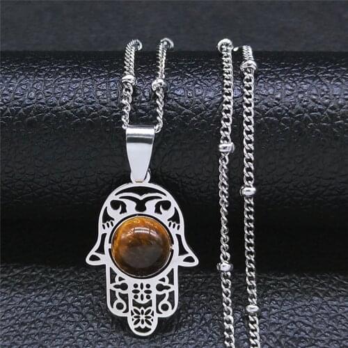 Islam Hamsa Hand Stainless Steel Tigers Eye Stone Necklaces Women/Men Silver Color Statement Necklace Jewelry collana N7028S04