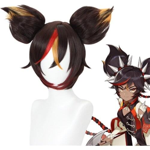 Genshin Impact Cos Wig Kaedehara Kazuha Highlight Gradient Dark Brown Double Ponytail Any Face Shape Cartoon Game Role Playing